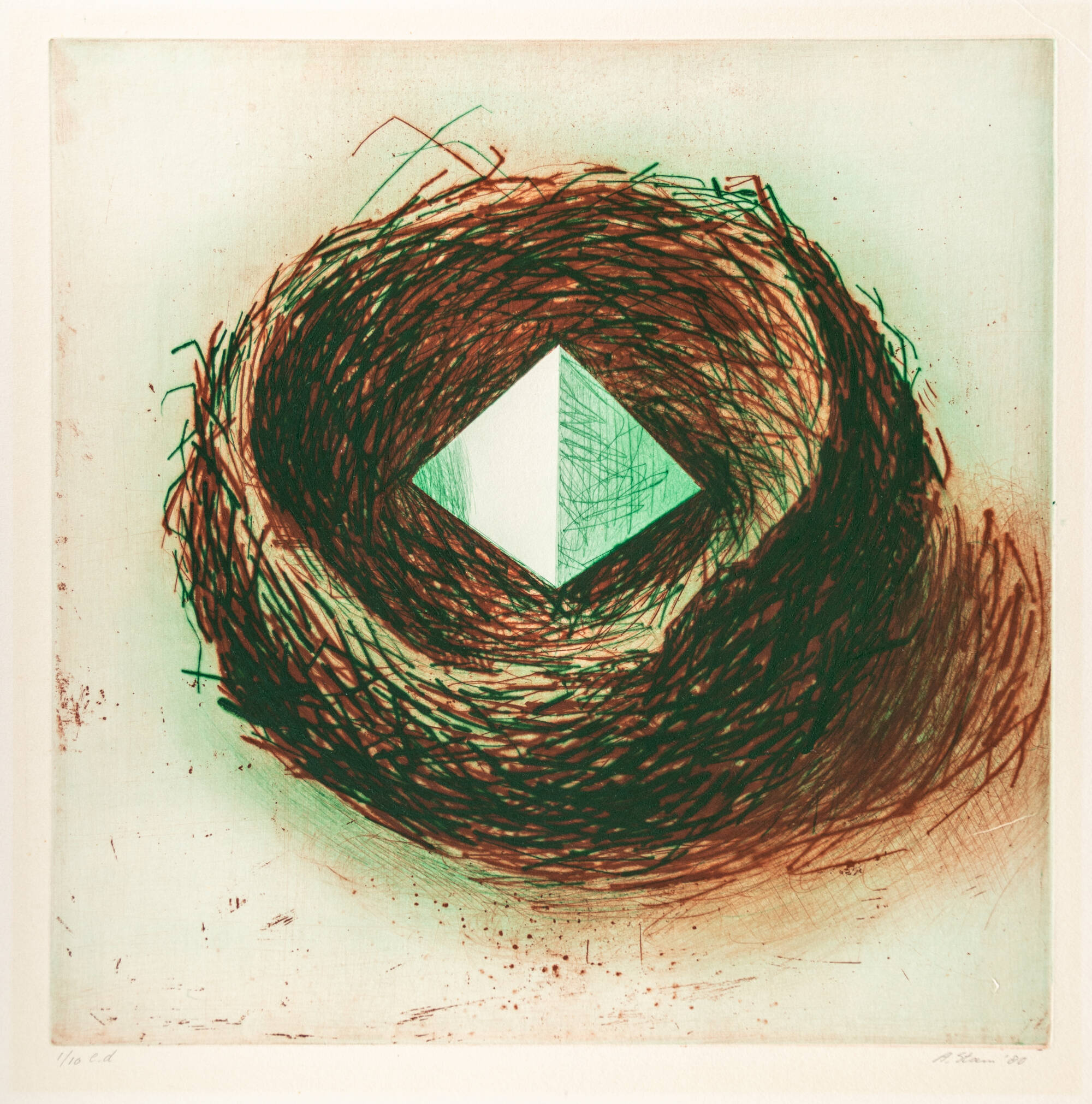 Print of a birds nest with a pyramid shaped diamond in the center.